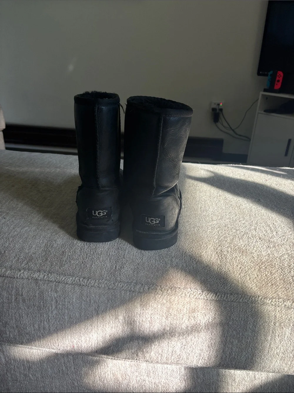 UGG Black Faux Leather Short Classic Shearling Boots